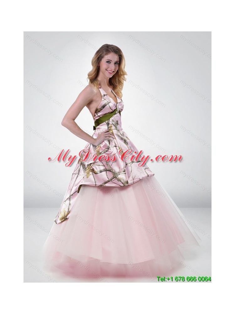 Wonderful Princess Halter Top 2015 Camo Wedding Dress with Belt