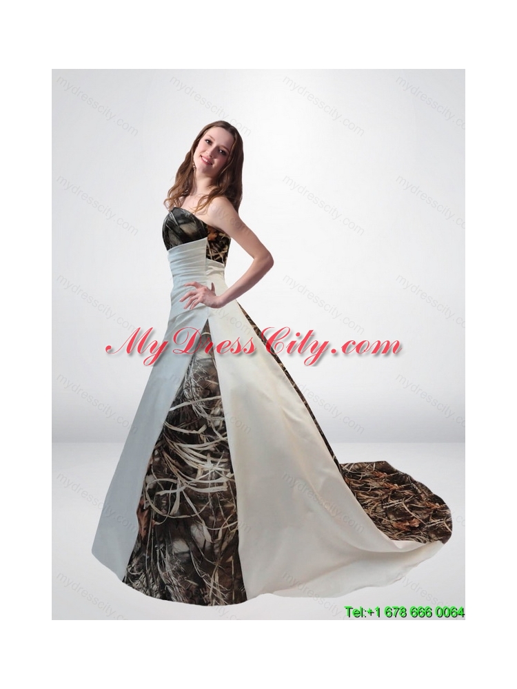 2015 Romantic A Line Strapless Camo Wedding Dresses with Chapel Train