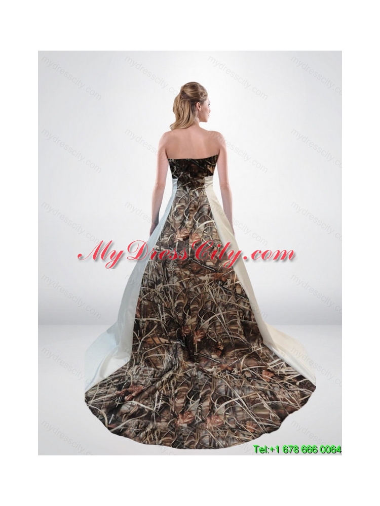 2015 Romantic A Line Strapless Camo Wedding Dresses with Chapel Train