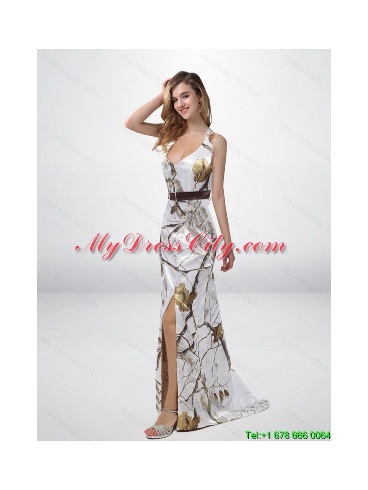 Classical Column Halter Top Camo Cheap Prom Dresses with Sashes