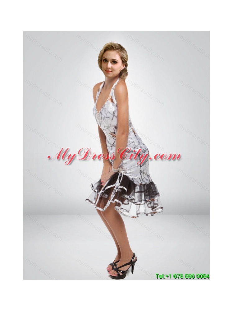 Simple Column Halter Top Tea Length Camo Most Popular Prom Dress with Ruffled Layers