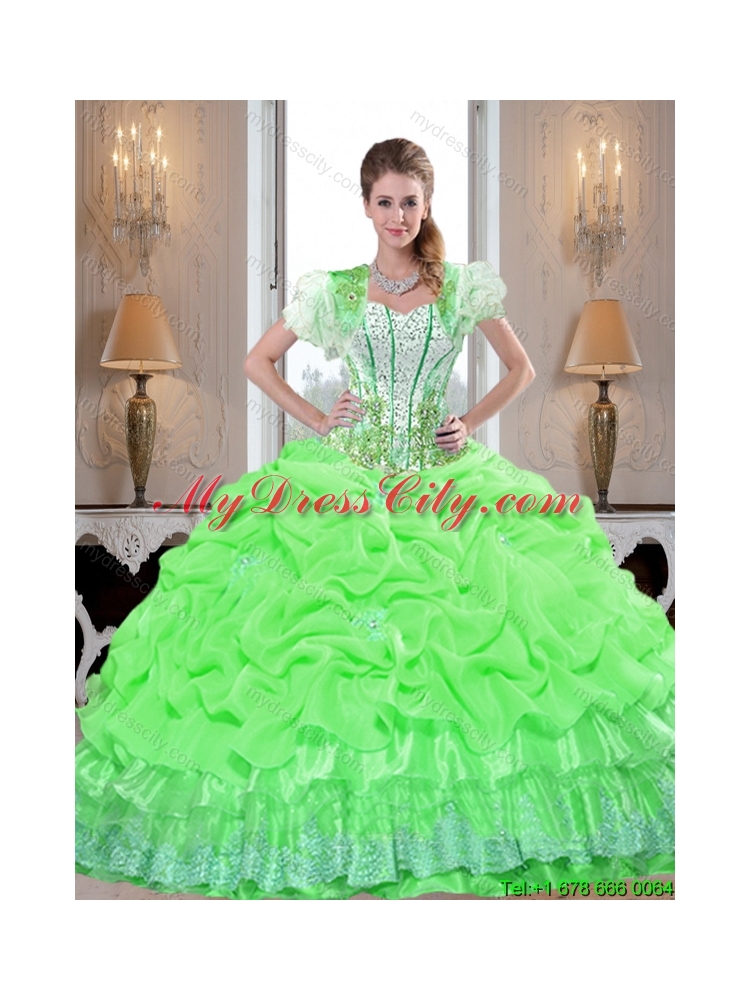 Artistic 2015 Quinceanera Dresses with Appliques and Pick Ups in Spring Green