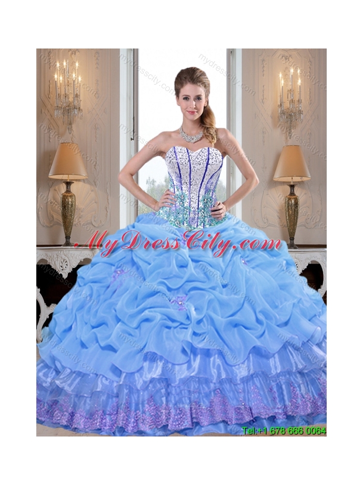 Modern Beaded Lavender 2015 Quinceanera Dresses with Appliques and Pick Ups