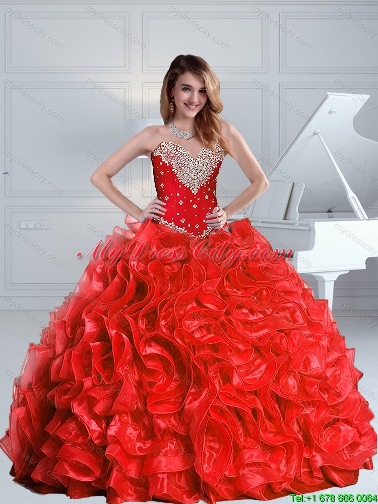 2015 Puffy Exquisite Beaded and Ruffles Pretty  Quinceanera Dresses in Red