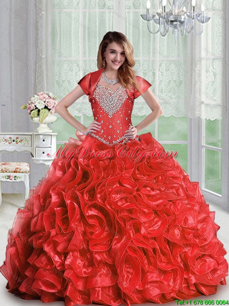 2015 Puffy Exquisite Beaded and Ruffles Pretty  Quinceanera Dresses in Red