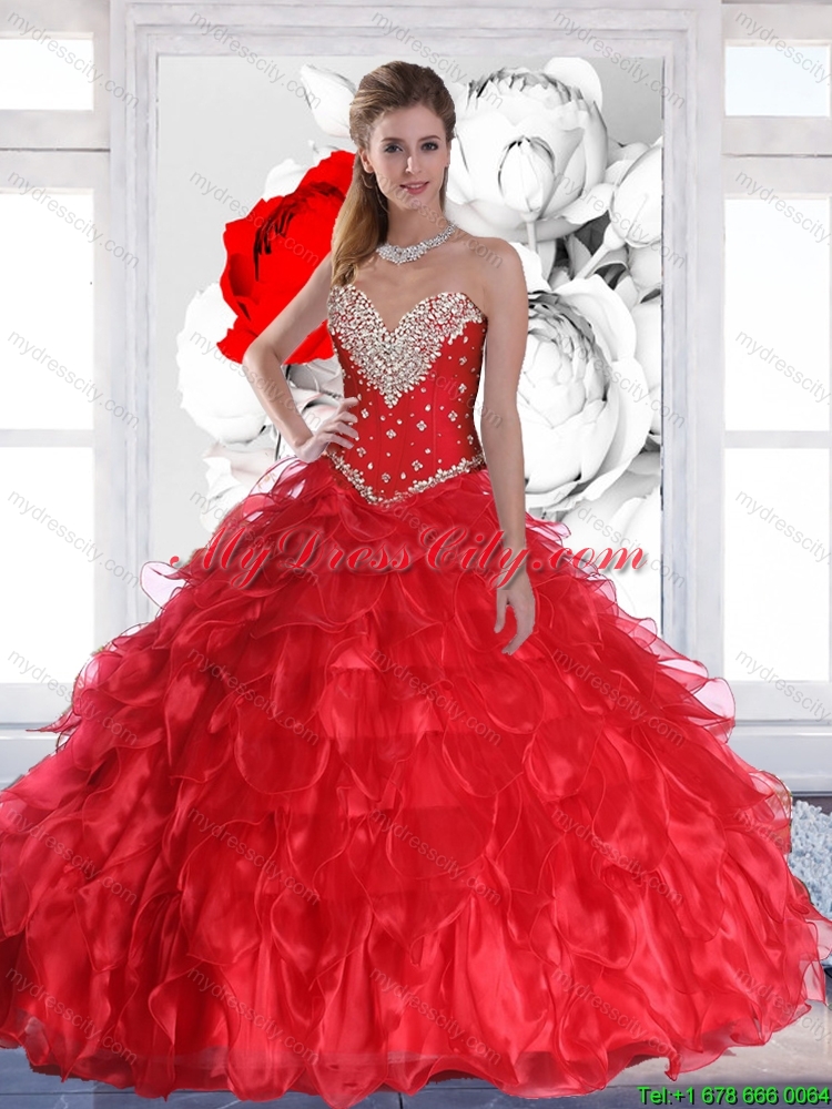 New Arrival 2015 Red Quinceanera Dresses with Ruffles and Beading