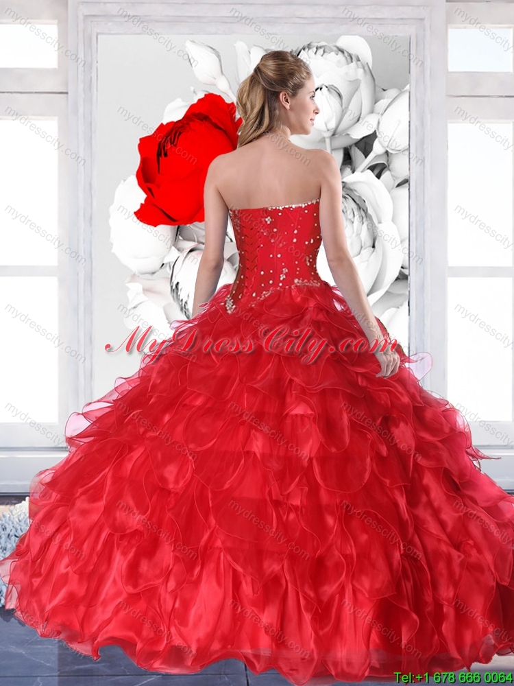 New Arrival 2015 Red Quinceanera Dresses with Ruffles and Beading