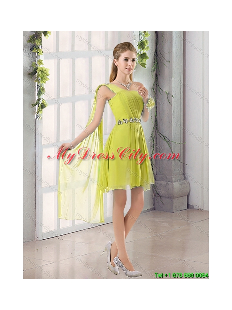 One Shoulder A Line Beading and Ruching Elegant Dama Dress with Lace Up