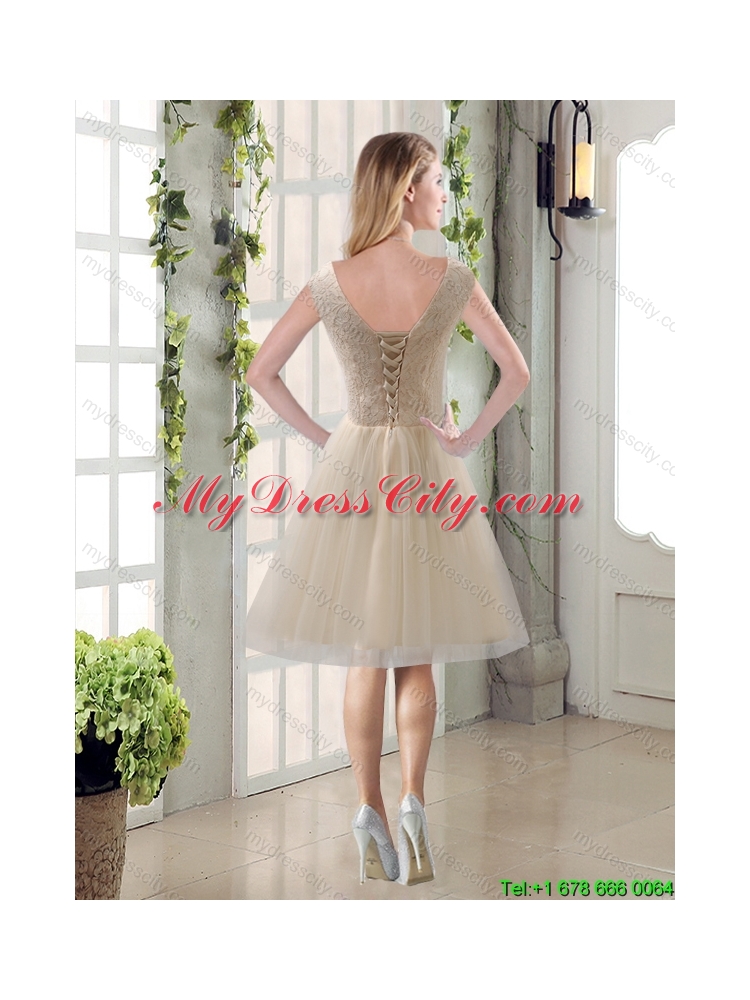 2015 Summer Beautiful Champagne Bowknot Princess Dama Dresses with V Neck