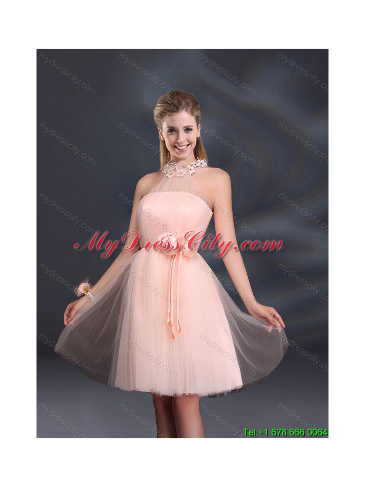 2015 Summer Halter Hand Made Flowers Luxurious Dama Dresses with Mini Length