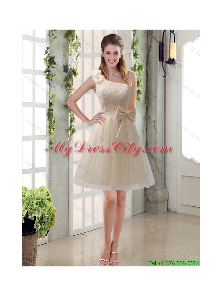 2015 Summer New Style Princess One Shoulder Bowknot Lace Dama Dresses in Champagne