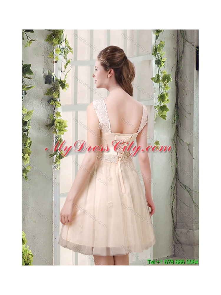 2015 Summer Straps A Line Champagne Beautiful Dama Dress with Appliques
