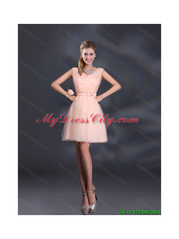 2015 Summer Sweet Belt Mini Length Beautiful Dama Dresses with V Neck