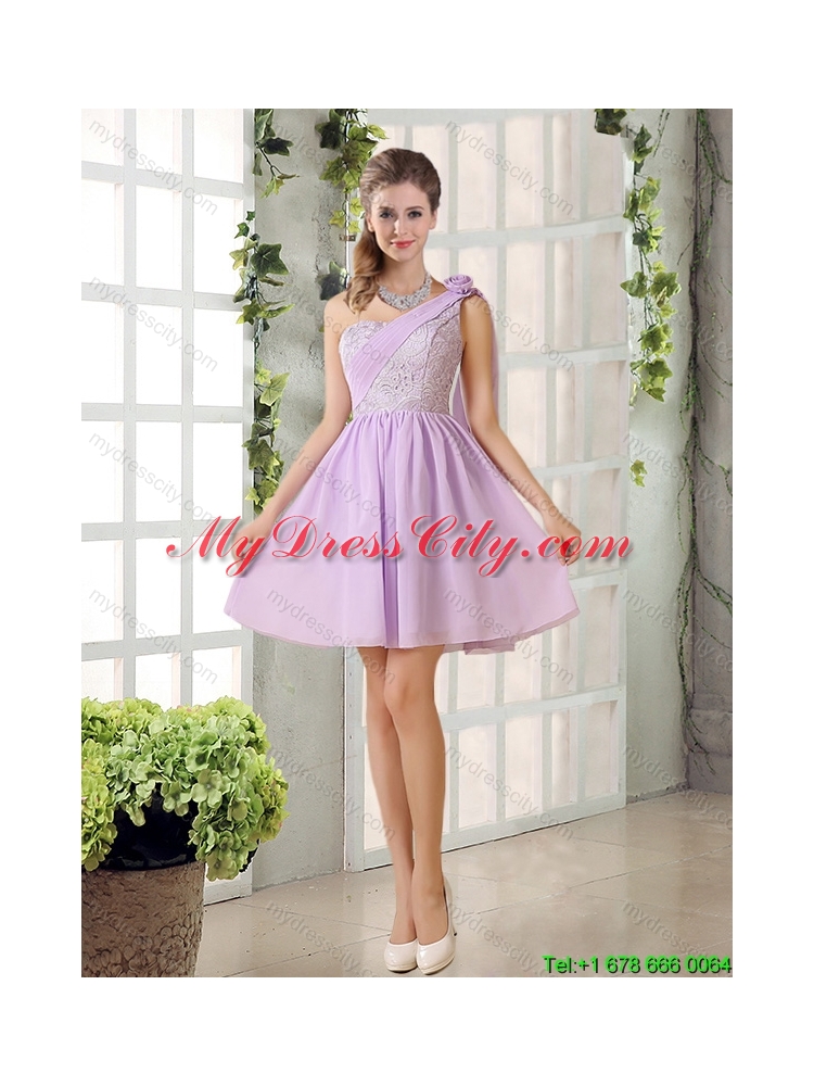 2015 Summer Elegant Lilace One Shoulder A line Dama Dress with Rushing