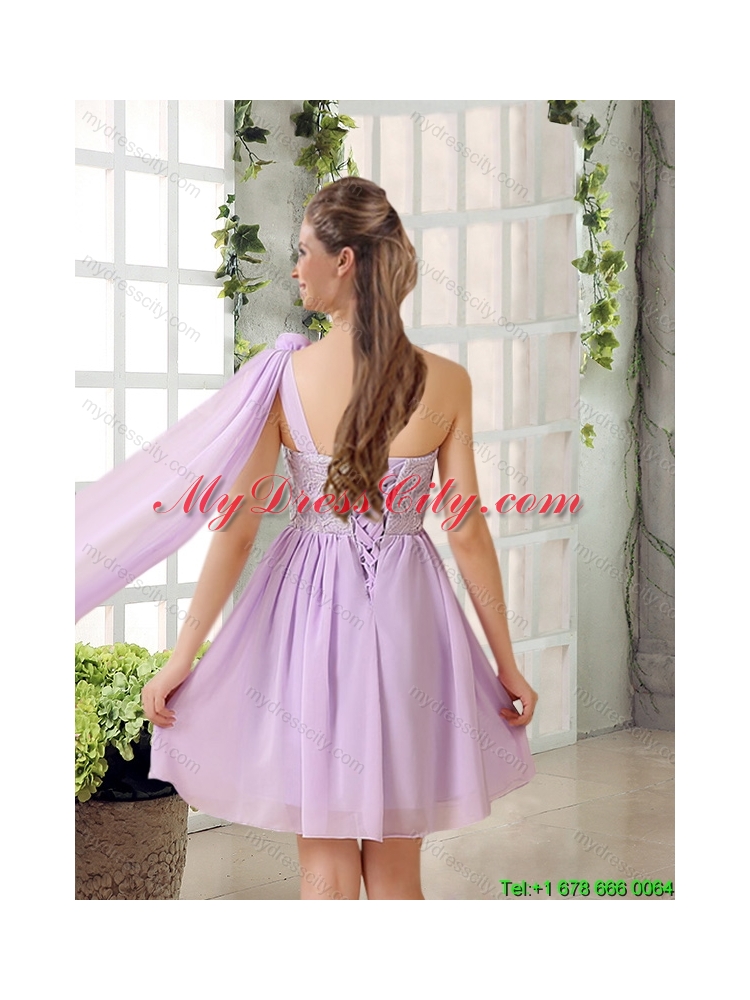 2015 Summer Elegant Lilace One Shoulder A line Dama Dress with Rushing