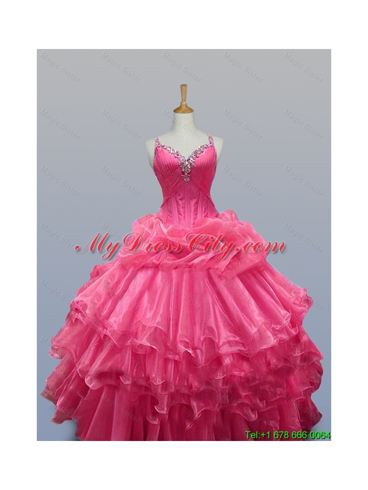 2015 Elegant Straps Quinceanera Dresses with Beading in Organza