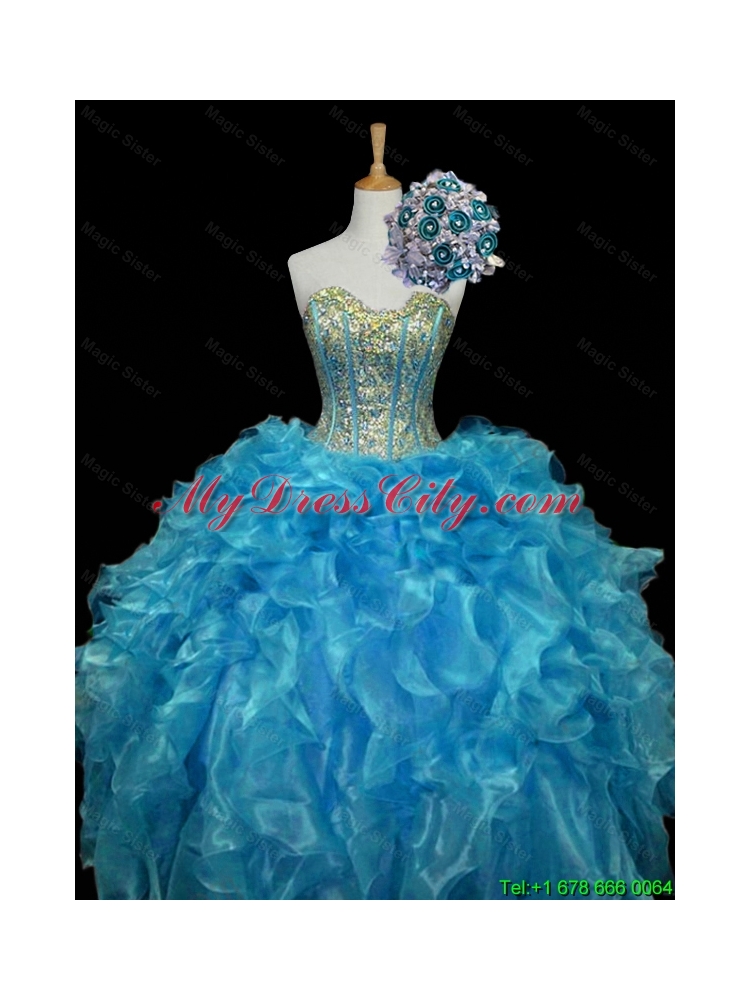 Elegant Sweetheart Sequins and Ruffles Quinceanera Dresses in Blue