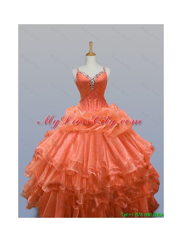 2015 Popular Straps Quinceanera Dresses with Beading and Ruffled Layers
