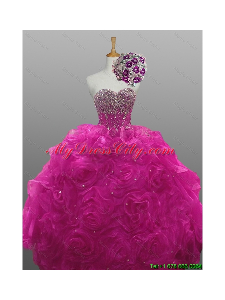 2015 Elegant Sweetheart Beaded Quinceanera Dresses with Rolling Flowers
