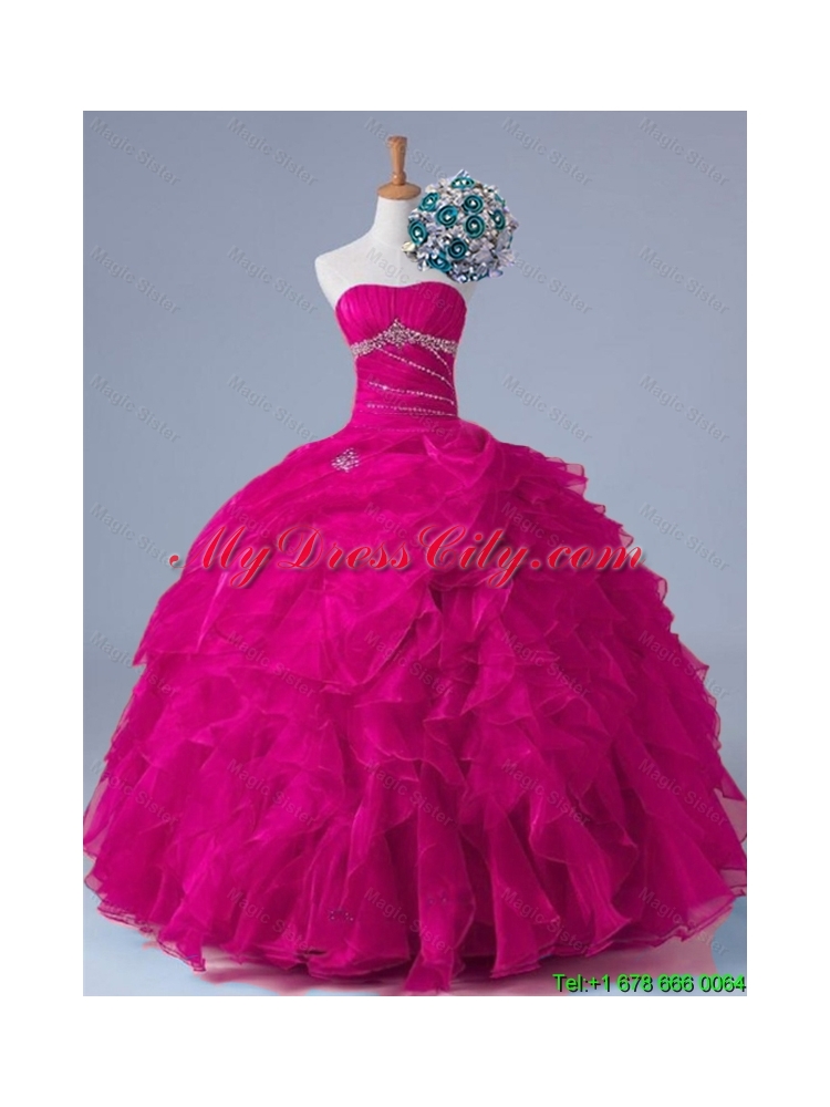 2015 Popular Strapless Beaded Quinceanera Gowns in Fuchsia