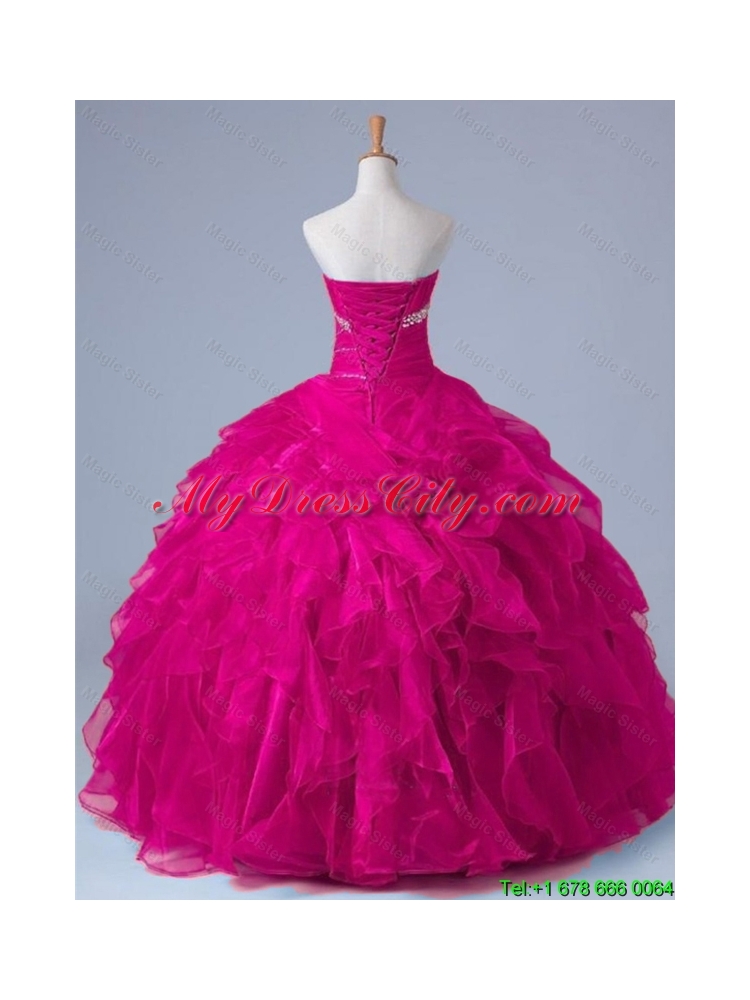 2015 Popular Strapless Beaded Quinceanera Gowns in Fuchsia