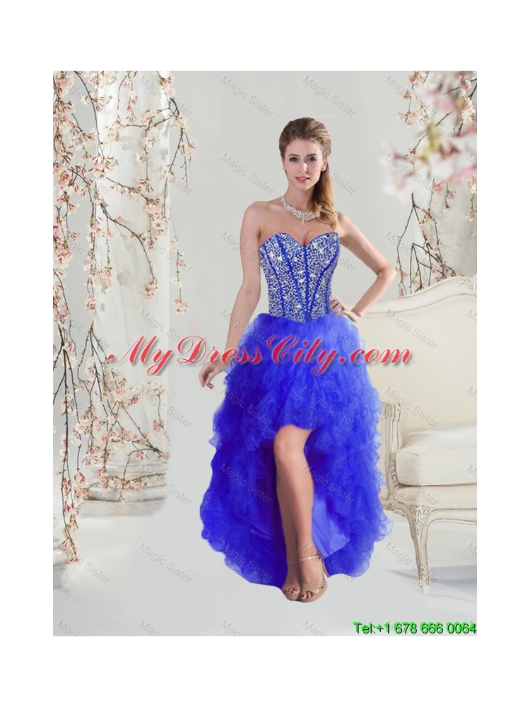 2016 Cheap Beaded and Ruffles High Low Prom Dresses in Royal Blue
