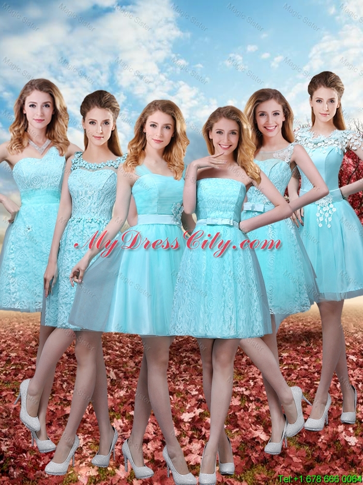 2016 Elegant A Line Laced Bridesmaid Dresses with Belt in Aqua Blue