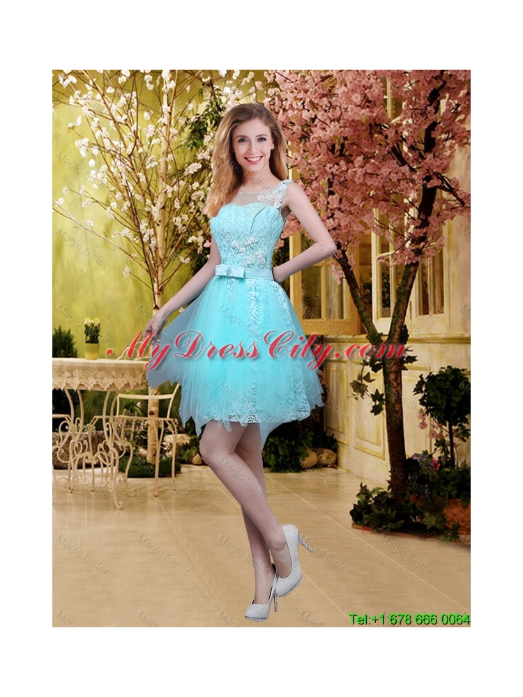 2016 Elegant A Line Laced Bridesmaid Dresses with Belt in Aqua Blue