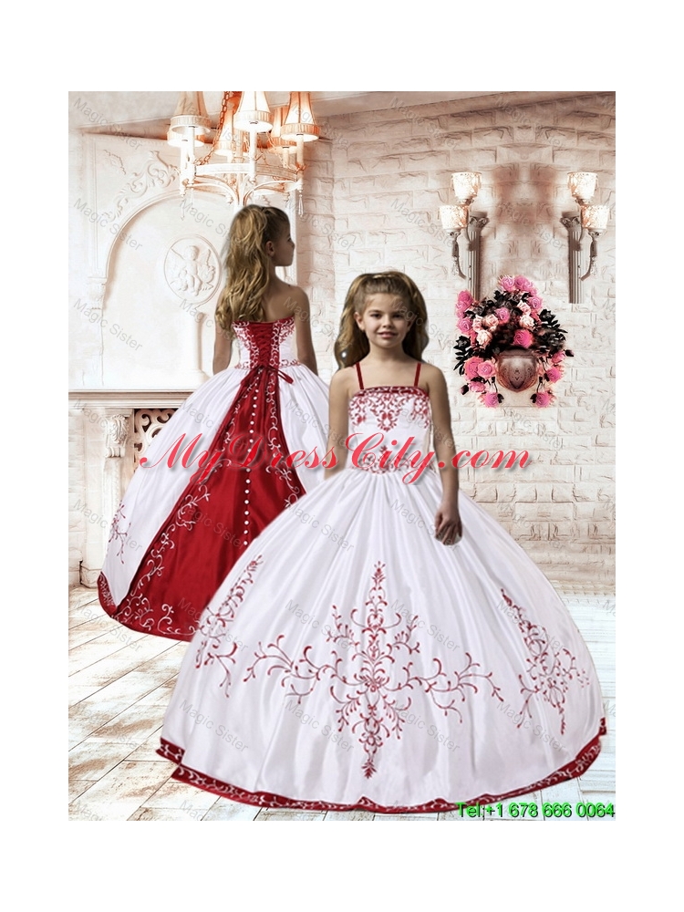 Pretty 2016 Summer Spaghetti Straps White Satin Little Girl Pageant Dress with Embroidery