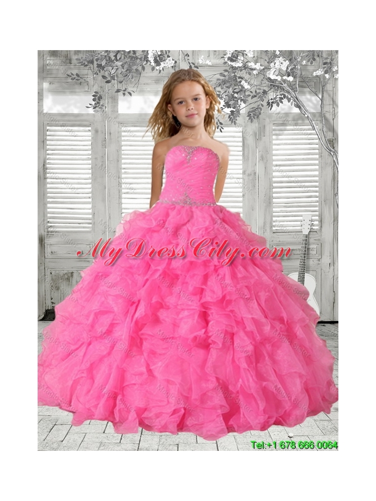 2016 Spring Perfect Beading Rose Pink Little Girl Pageant Dresses with Ruffles