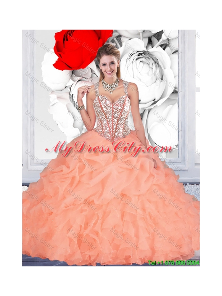 Sturning Straps and Beaded Quinceanera Dresses and Baby Pink Short Dama Dresses and Cute Orange Little Girl Dresses and Feminine Mini Length Prom Dresses