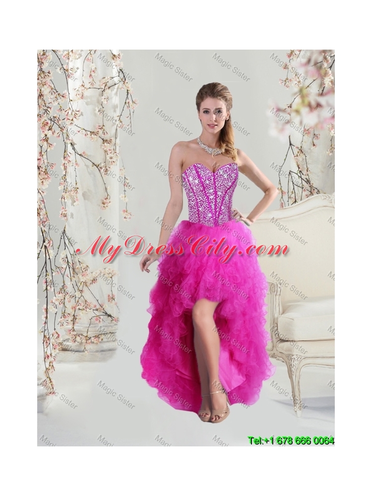 2016 Summer Detachable Sweetheart Fuchsia Quinceanera Dresses with Beading and Ruffles
