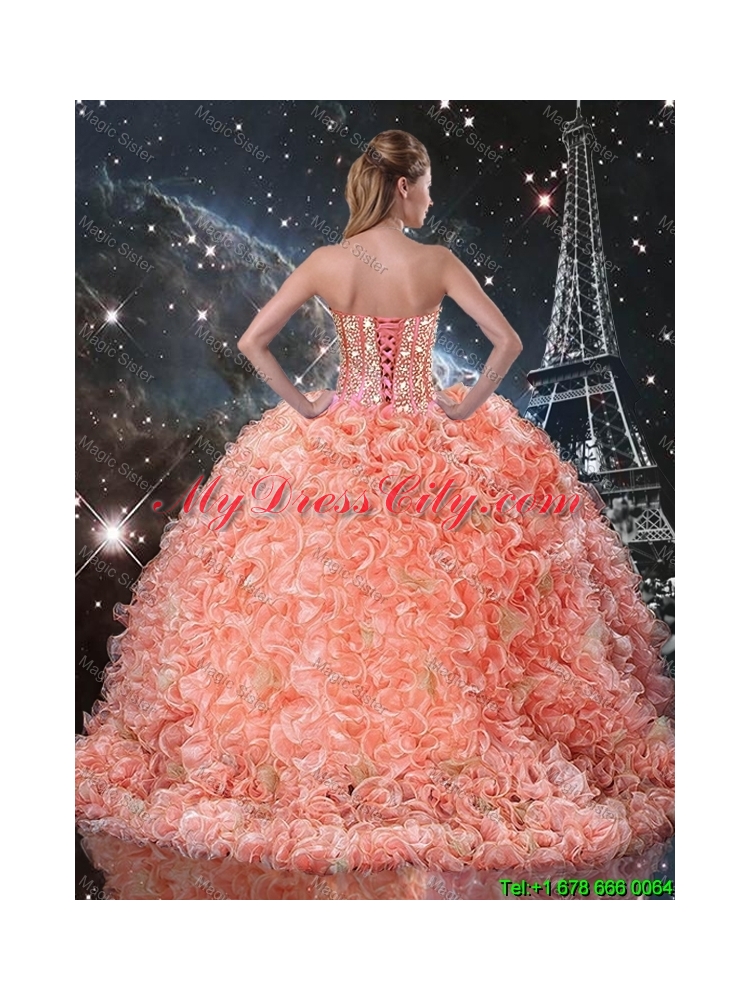 2016 Spring Pretty Beaded and Ruffles Quinceanera Dresses with Brush Train