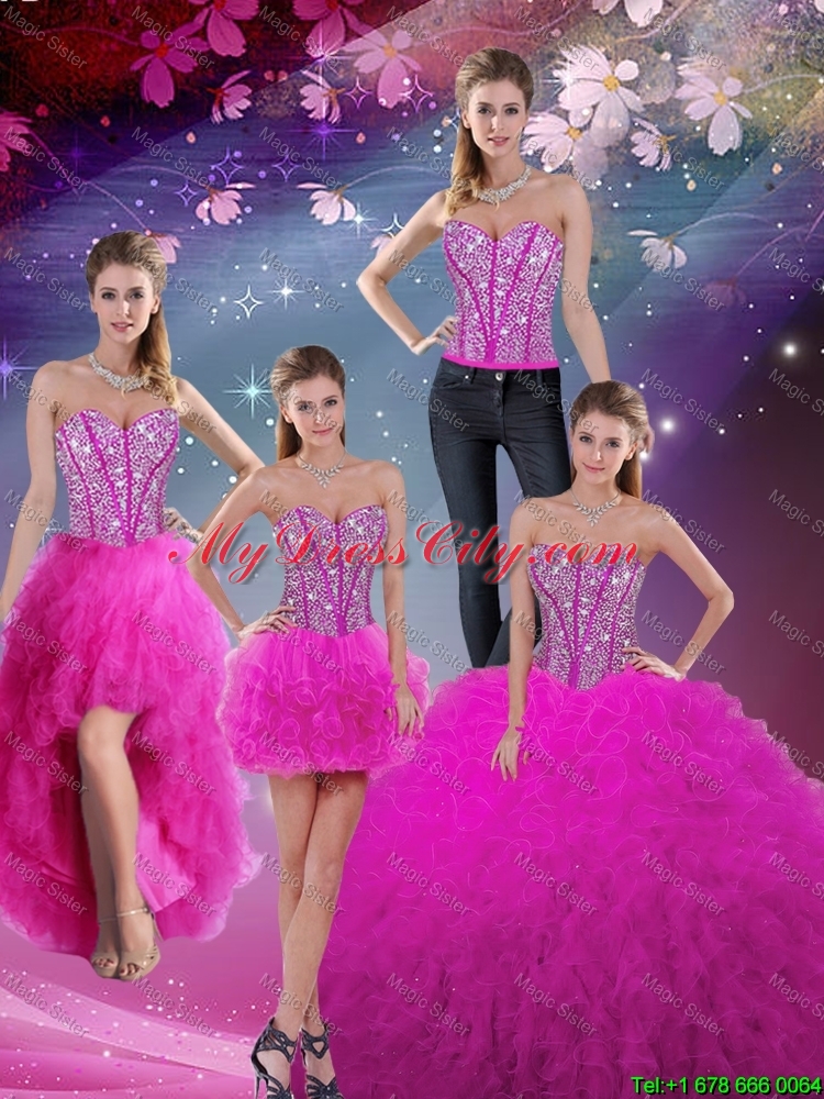 Detachable 2016 Fall Sweetheart Ball Gown Beaded and Ruffles Quinceanera Dresses in Fuchsia