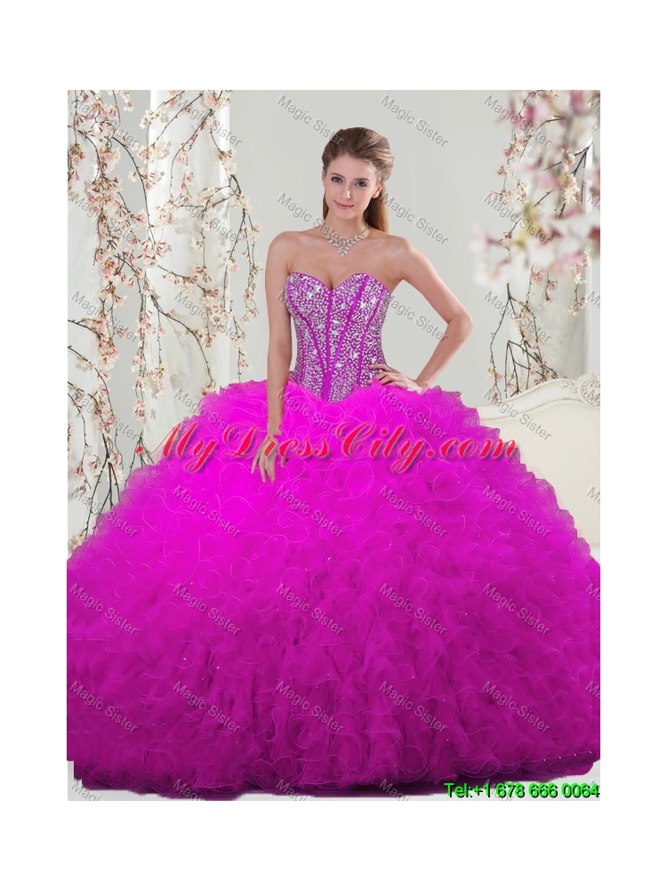 Detachable 2016 Fall Sweetheart Ball Gown Beaded and Ruffles Quinceanera Dresses in Fuchsia