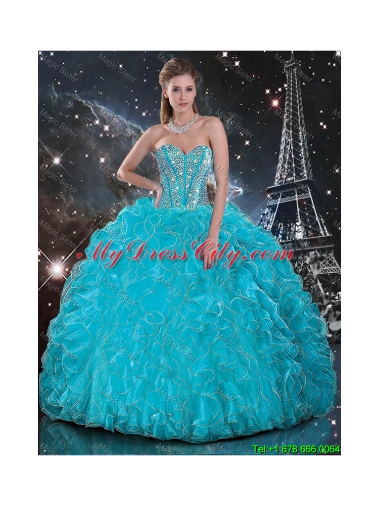 Luxurious 2016 Fall Aqua Blue Sweetheart Quinceanera Gowns with Beading and Ruffles