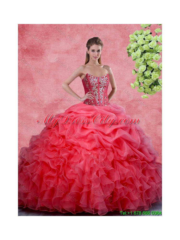 2016 Popular Beaded and Ruffles Quinceanera Gowns in Coral Red