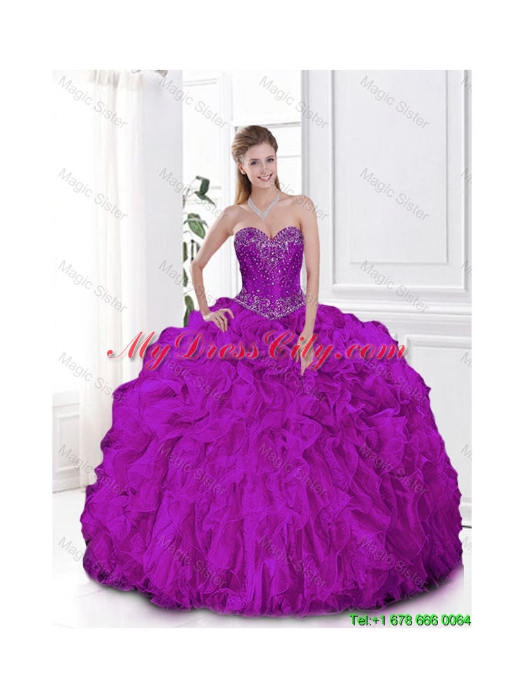 Most Popular Fuchsia Sweetheart Quinceanera Gowns with Beading