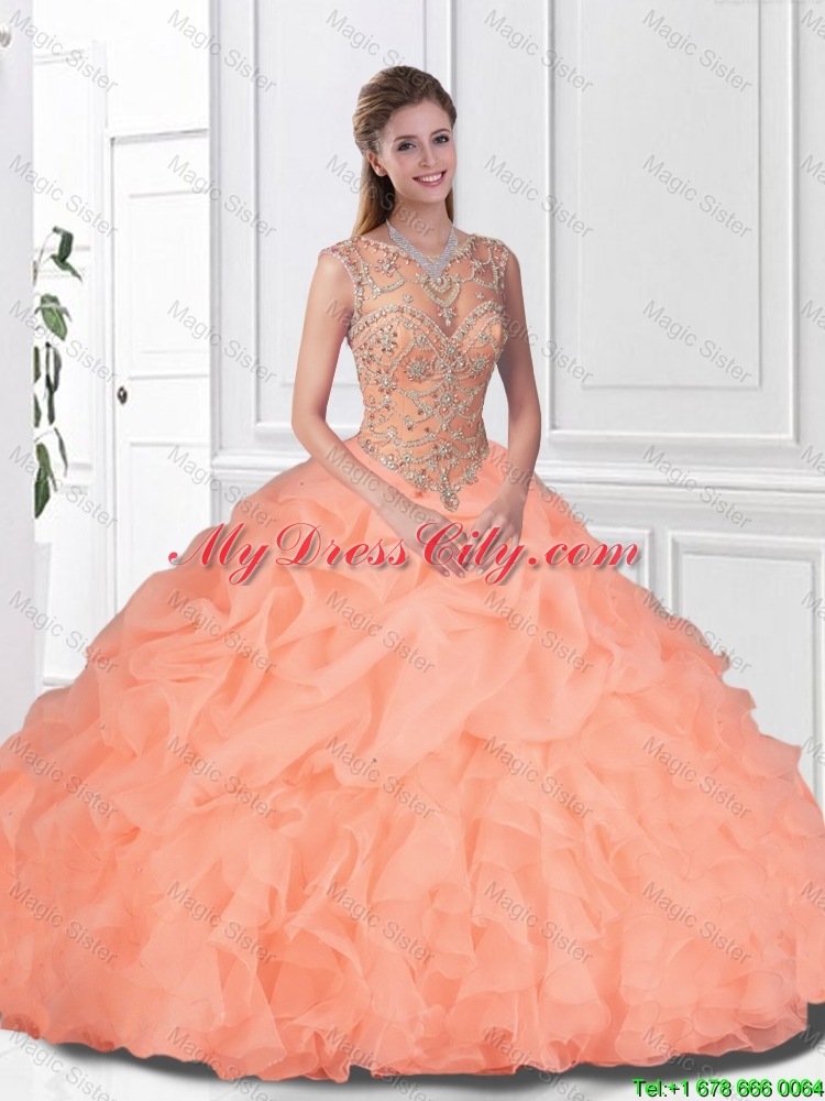 Perfect Beaded and Ruffles Watermelon Quinceanera Gowns with Bateau