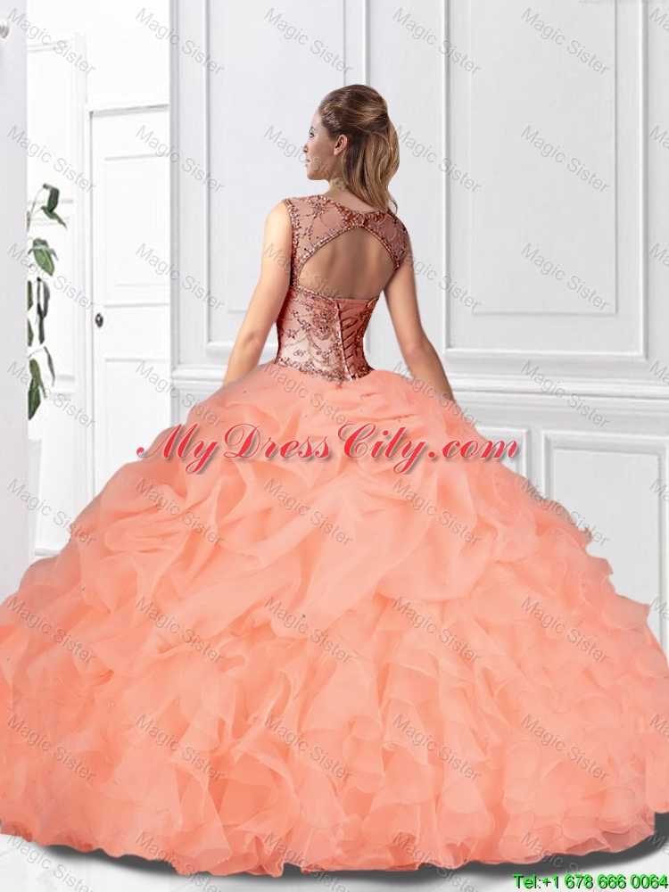 Perfect Beaded and Ruffles Watermelon Quinceanera Gowns with Bateau