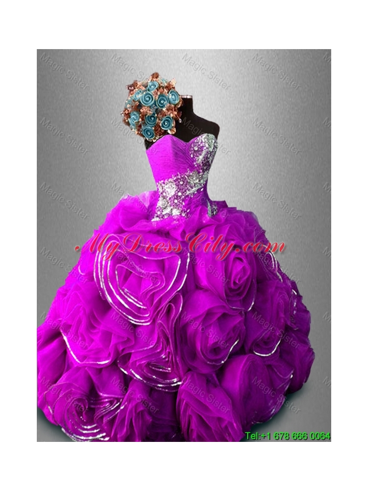 Gorgeous Rolling Flowers Sweetheart Quinceanera Dresses in Fuchsia