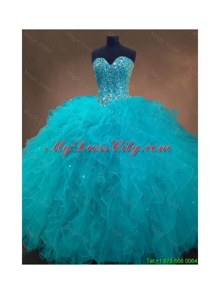 Elegant Beaded and Ruffles Quinceanera Gowns in Aqua Blue