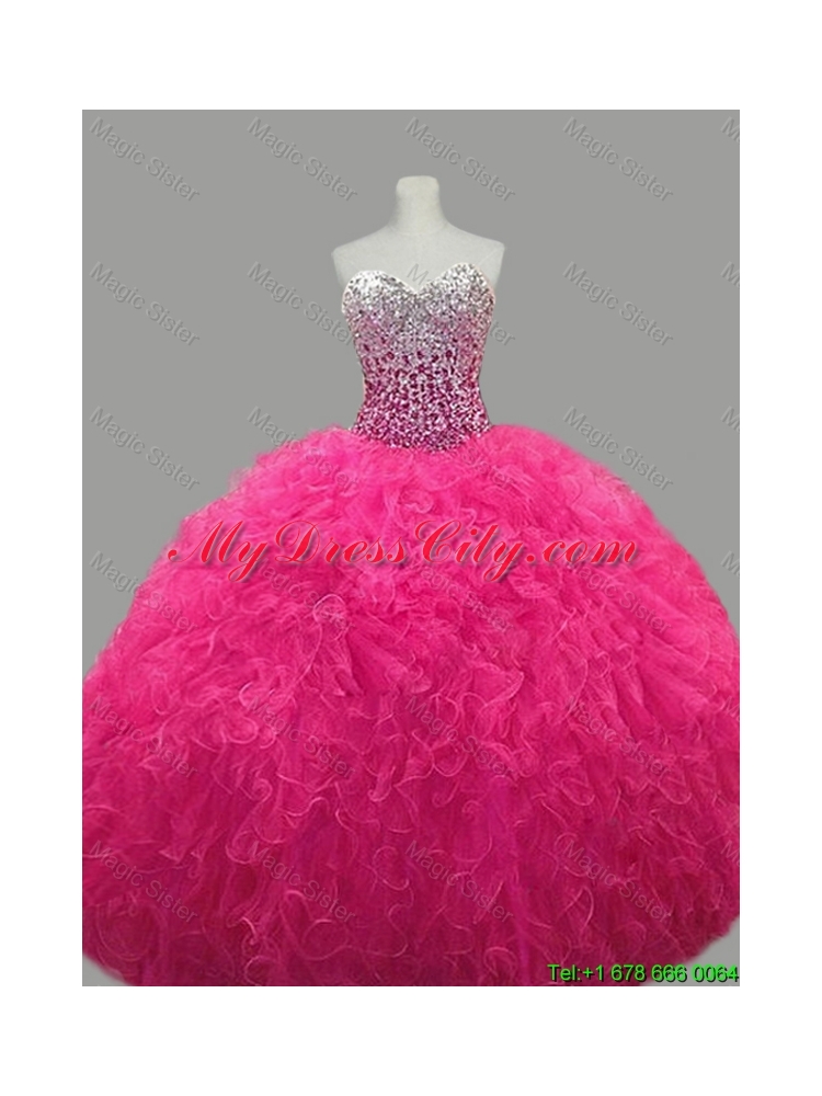 Puffy Sweetheart Hot Pink Quinceanera Dresses with Beading and Ruffles