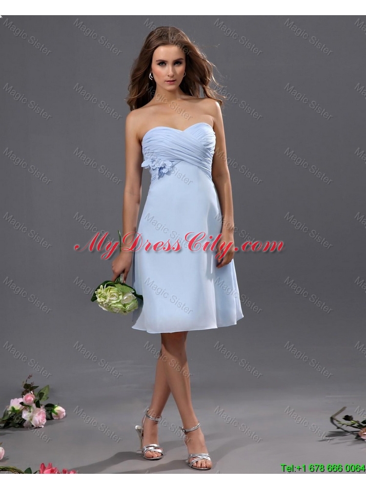 Gorgeous Ruching and Hand Made Flower Short Prom Dress in Light Blue