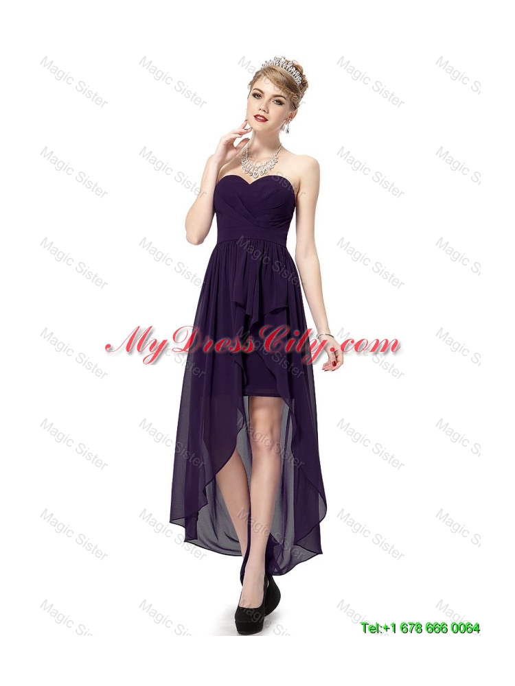 Cheap High Low Sweetheart Purple Prom Dresses with Ruching