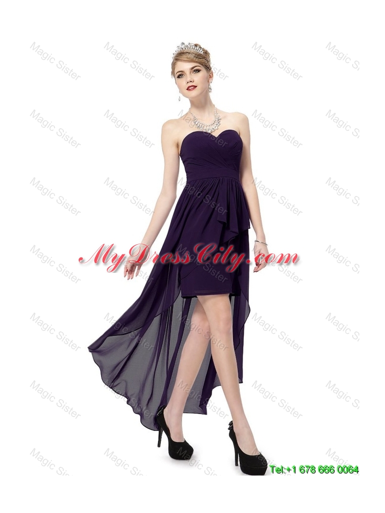 Cheap High Low Sweetheart Purple Prom Dresses with Ruching