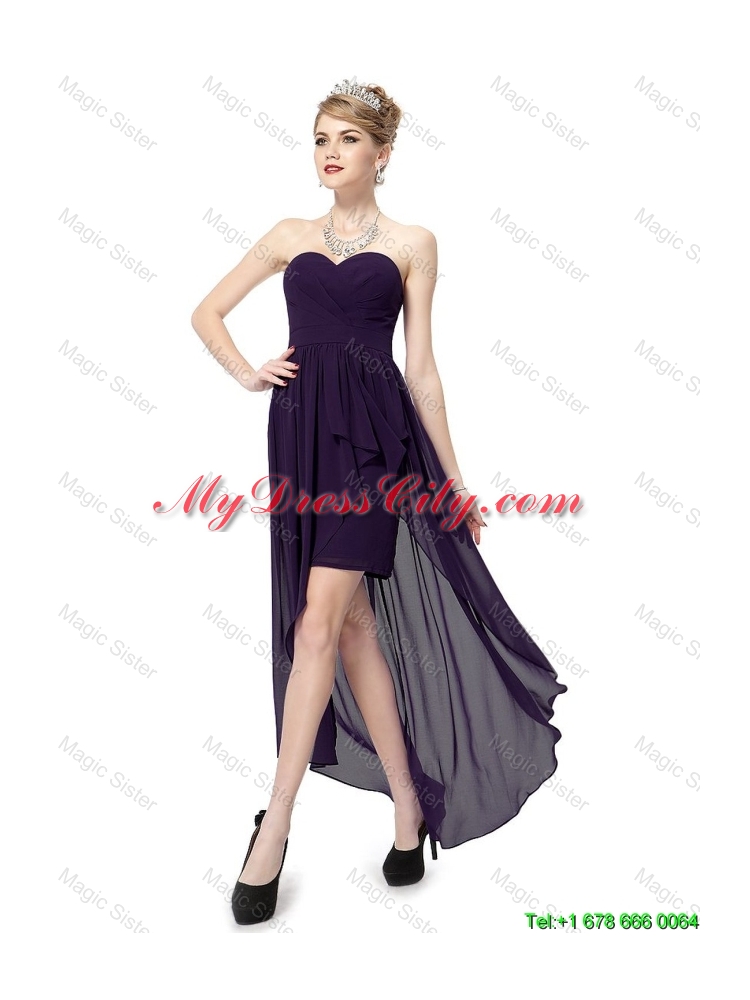 Cheap High Low Sweetheart Purple Prom Dresses with Ruching