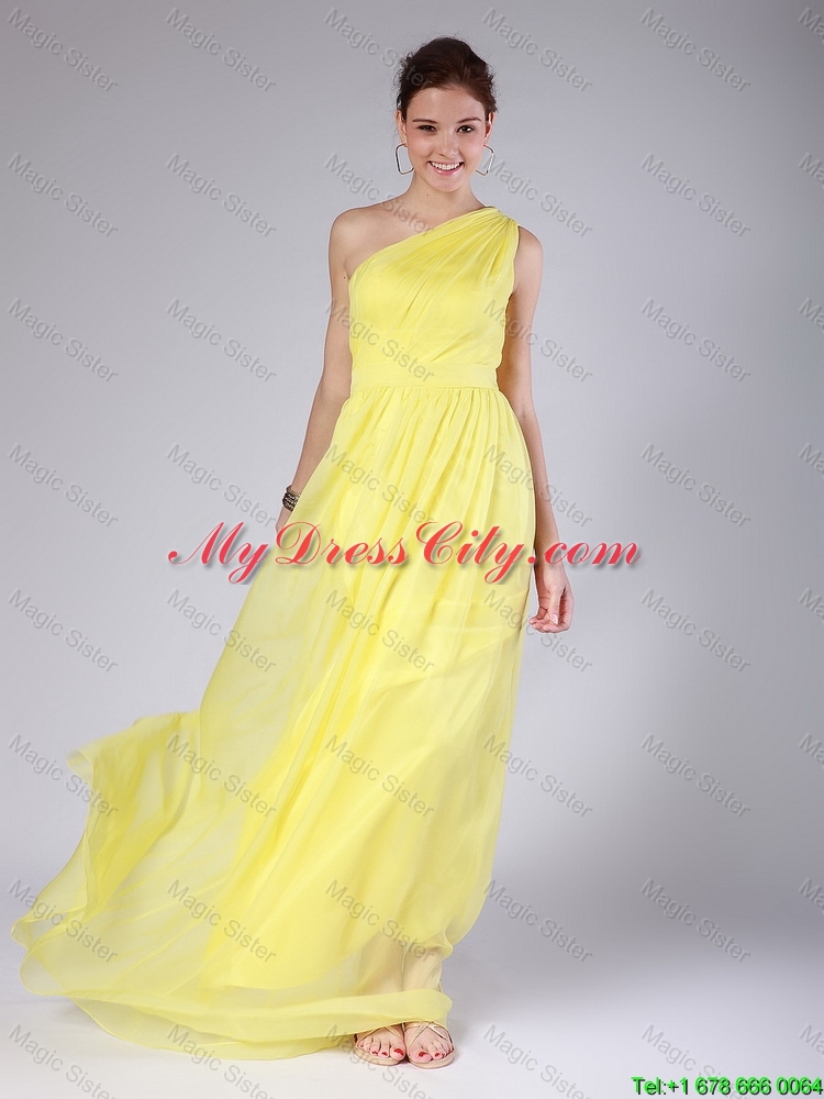 Elegant One Shoulder Sashes Yellow Prom Dresses with Sweep Train for 2016