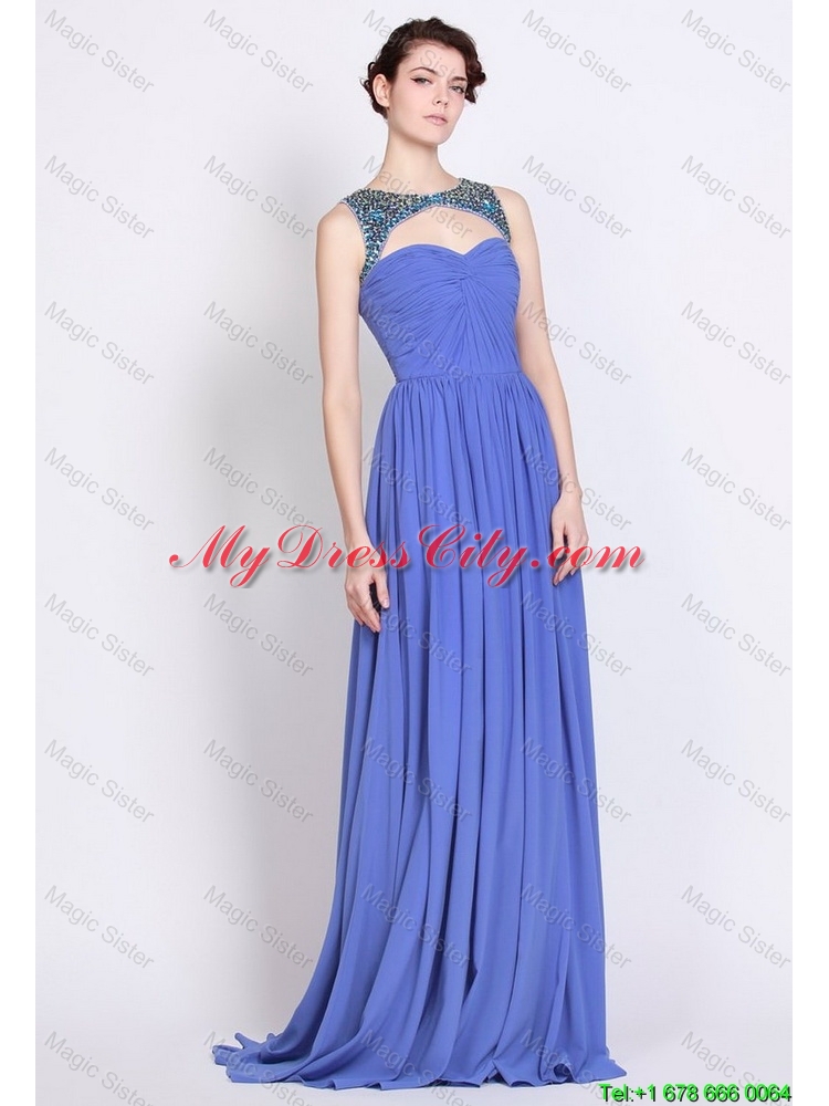 Pretty Bateau Zipper Up Blue Prom Dresses with Brush Train