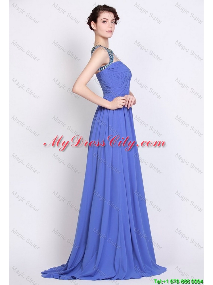 Pretty Bateau Zipper Up Blue Prom Dresses with Brush Train